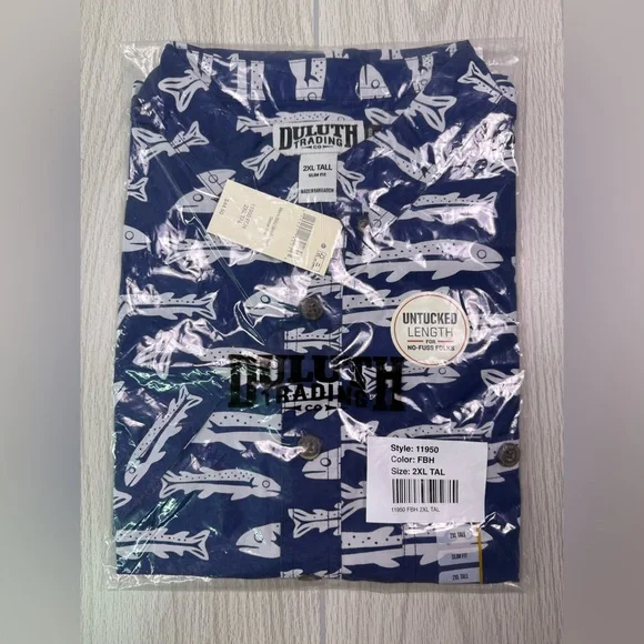 Duluth Trading Co Blue Fish Pattern Men's Shirt - Picture 2 of 6